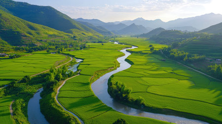 Experience the breathtaking beauty of lush green rice fields and a winding river under a bright sky, surrounded by majestic mountains. This serene landscape captures the essence of natureの素材