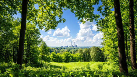 A vibrant view of a lush green forest framing a city skyline under a bright blue sky filled with white fluffy clouds, portraying serenity and beauty.の素材