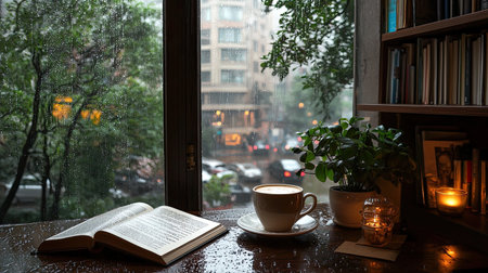 A serene indoor scene featuring a steaming coffee cup beside an open book on a wooden table, with raindrops glistening on the window, emphasizing relaxation.の素材