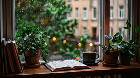 A tranquil indoor scene featuring an open book next to a steaming cup of coffee on a windowsill, with rain gently falling outside, surrounded by lush potted plants.の素材