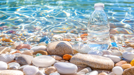 A transparent water bottle stands on colorful pebbles and rocks by the water's edge, reflecting sunlight and showcasing nature's beauty and clarity.の素材
