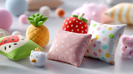 This vibrant image features a delightful assortment of plush toys and cushions, perfect for creating a cheerful atmosphere in a child's room. The soft textures and playful designs invite imagination and warmth.の素材