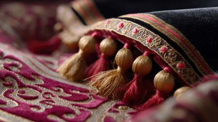 This image captures the intricate details of a luxurious textile featuring rich patterns and decorative tassels. The vibrant colors and textures highlight traditional craftsmanship and elegance, making it suitable for various design applications.の素材