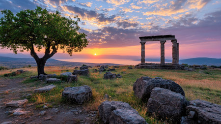 Stunning sunset view featuring ancient ruins beside a solitary tree amidst a breathtaking mountain landscape. Layered skies create a serene atmosphere.の素材