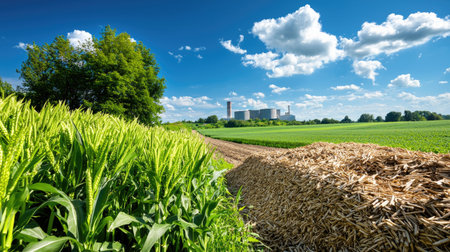 A picturesque rural scene showcasing a vibrant cornfield alongside a mound of straw and an industrial power plant under a bright sky adorned with clouds.の素材