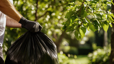 A person in protective gloves holds a black garbage bag while surrounded by lush green trees, symbolizing environmental care and responsible waste disposal.の素材