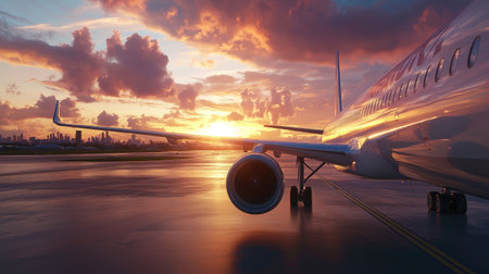 A stunning perspective of an airplane wing at sunset, showcasing vibrant clouds and a city skyline reflection on a wet runway, capturing the essence of travel.の素材