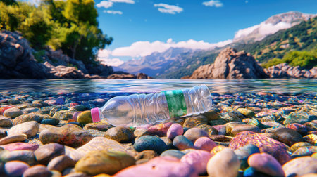 This image captures a plastic bottle resting on colorful pebbles beneath clear water, set against a stunning natural backdrop of mountains and trees.の素材