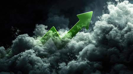 This striking image features a vibrant green arrow piercing through dark clouds, symbolizing growth and success in business and finance.の素材