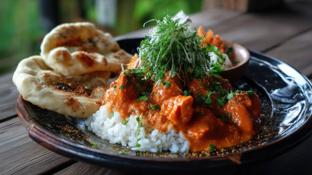 A vibrant plate of chicken curry served with fluffy rice and soft naan bread garnished with fresh herbs, perfect for food lovers and culinary enthusiasts.の素材