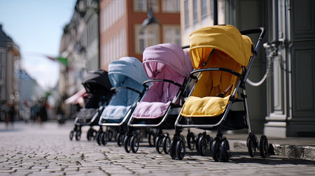 A vibrant display of colorful baby strollers lined up along a charming cobblestone street, showcasing modern design and playful hues against a sunny backdrop.の素材