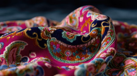 This image captures the exquisite details of a luxurious colorful fabric featuring intricate paisley patterns, creating a stunning visual appeal.の素材