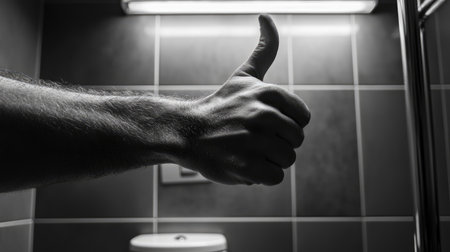 A hand showing a thumbs-up gesture in a stylish bathroom setting signifies approval and satisfaction. The clean and modern atmosphere enhances the uplifting vibe.の素材