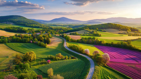 A stunning aerial view showcasing the beauty of rolling hills and colorful fields, bathed in warm sunlight during golden hour, perfect for nature enthusiasts.の素材