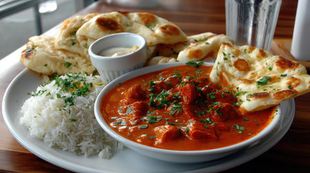 A beautifully arranged plate featuring butter chicken, accompanied by naan bread and fragrant rice, showcasing the vibrant colors and fresh ingredients typical of Indian cuisine.の素材