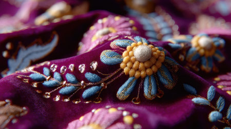 A stunning close-up of vibrant floral embroidery on rich purple fabric showcases intricate craftsmanship and colorful detailing, perfect for textile art.の素材