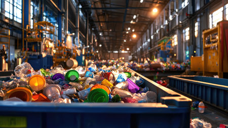 An interior view of a recycling facility showcasing a vibrant mix of plastic waste. This image highlights the importance of efficient waste management and sustainability in protecting our environment.の素材