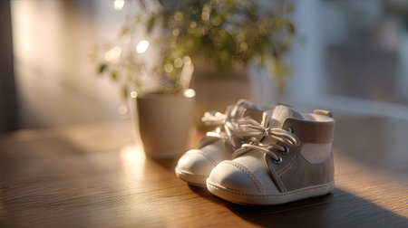 Beautifully crafted baby shoes on a wooden surface, illuminated by soft natural light, conveying warmth and comfort in a cozy home setting.の素材
