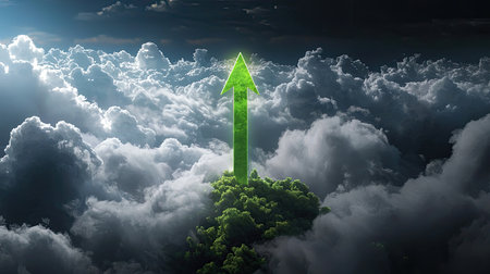 A striking green arrow emerges triumphantly from dense clouds, symbolizing growth and hope. The surreal sky backdrop enhances the sense of uplift and inspiration.の素材