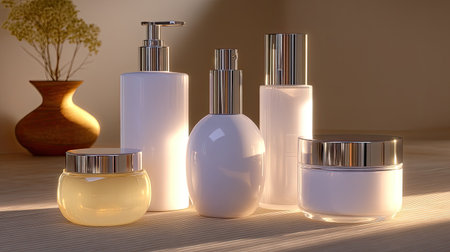 This image features an elegant arrangement of modern skincare bottles and jars, exuding a minimalist charm with natural backlighting that highlights their glossy surfaces.の素材