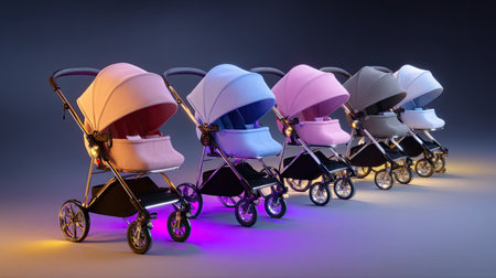 A visually appealing display of modern baby strollers in multiple colors, highlighting design and functionality for parents seeking style and convenience.の素材