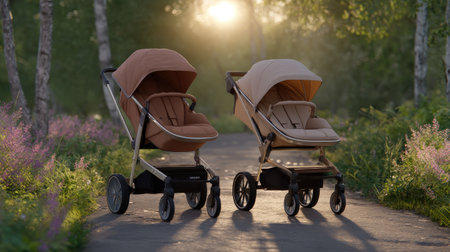Two stylish modern strollers stand elegantly on a sunlit pathway, embraced by vibrant foliage and wildflowers, capturing the essence of outdoor family life.の素材