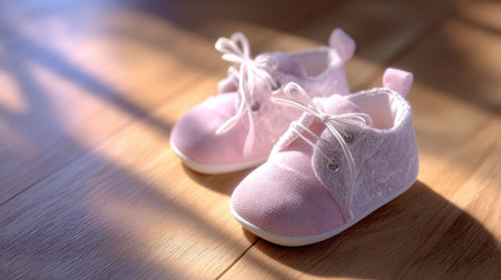 Charming pink baby shoes sit on a wooden floor, glowing in soft sunlight, ideal for showcasing stylish and comfortable footwear for infants and toddlers.の素材