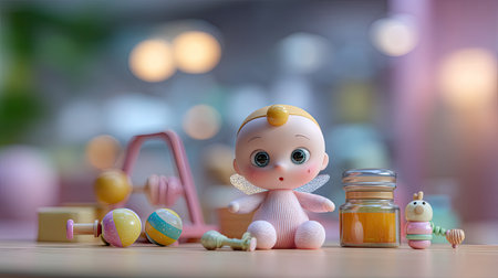 This charming image features an adorable baby doll among colorful toys, set in a soft nursery environment. Perfect for capturing the essence of childhood joy and play.の素材