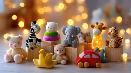 A charming display of colorful plush toys arranged on wooden blocks, set against a dreamy bokeh background. Perfect for children's decor or gift inspirations.の素材