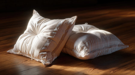 Two soft decorative cushions rest on a wooden floor, illuminated by warm natural light, enhancing the cozy atmosphere of home spaces.の素材