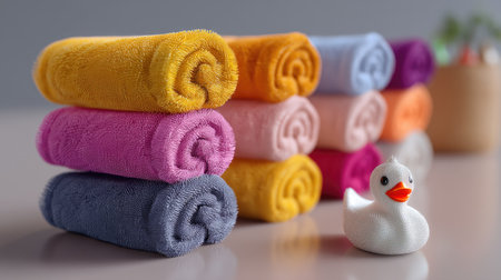 A collection of soft, colorful rolled towels arranged neatly with a playful rubber duck in the foreground, ideal for creating a serene bathroom atmosphere.の素材