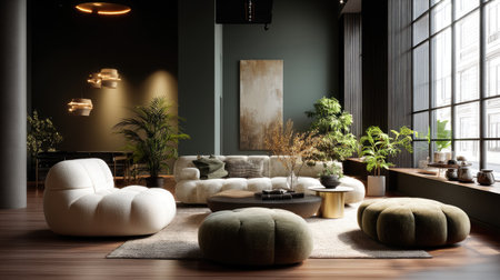 A beautifully designed modern living room that showcases a cozy yet elegant atmosphere, featuring plush seating, greenery, and abundant natural light.の素材
