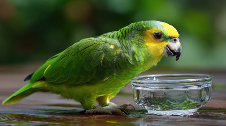 A vibrant green parrot with yellow accents gracefully drinks water from a glass bowl, showcasing its beautiful plumage in a serene outdoor environment.の素材