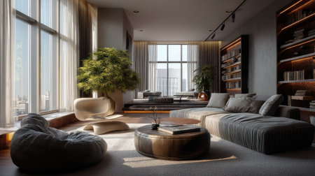 A beautifully designed modern living room showcasing stylish furniture, comfortable seating, and abundant natural light creating an inviting atmosphere.の素材