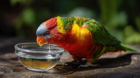 A vibrant parrot perches beside a small bowl, sipping water under the warm sunlight. The colorful feathers shine amid lush greenery, showcasing nature's beauty.の素材