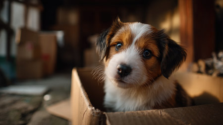 This charming image captures an adorable puppy resting in a cardboard box, showcasing its expressive eyes and soft fur. The natural light enhances the warmth of the scene, making it a perfect representation of companionship and joy.の素材