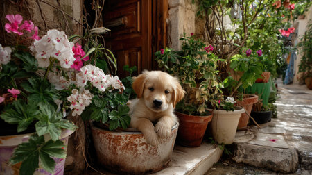 A charming golden retriever puppy rests contentedly in a flower pot, surrounded by vibrant blooms and lush greenery, creating a serene garden scene.の素材