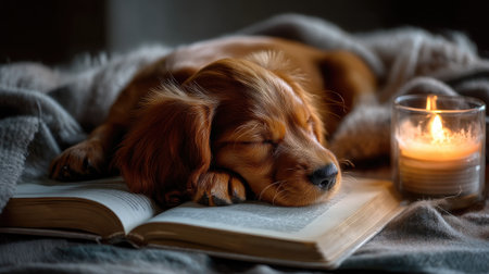 A charming golden puppy rests peacefully on an open book, surrounded by soft blankets and the warm glow of a candle, creating a serene and cozy atmosphere.の素材
