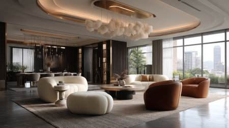 Elegant living room featuring modern furniture with soft colors, artistic lighting, and a stunning city view. A stylish and cozy atmosphere invites relaxation.の素材