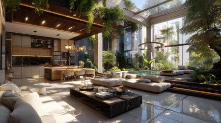 A modern indoor living space that blends elegance and nature, featuring an open layout with abundant greenery and natural light, promoting tranquility and style.の素材