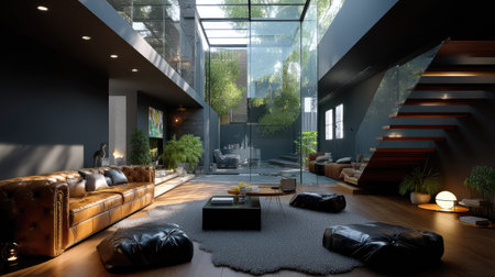 Bright and airy modern living room featuring large glass walls, elegant furniture, and lush greenery for a serene and stylish atmosphere.の素材