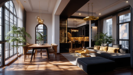 This stunning living room features a blend of modern elegance and comfort, showcasing sophisticated decor, ample natural light, and stylish furnishings.の素材