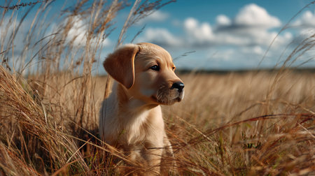 A golden retriever puppy enjoys a moment of tranquility in a sunlit field, surrounded by tall grass and a beautiful blue sky filled with soft clouds.の素材