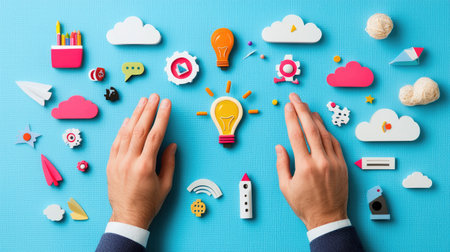 Two hands reach out amidst vibrant office supplies and icons on a blue background, symbolizing creativity, innovation, and brainstorming in work environments.の素材