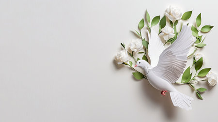 This image captures a stunning white dove in flight surrounded by delicate paper flowers and green leaves, symbolizing peace and harmony in an artistic design.の素材