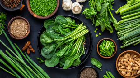 A vibrant arrangement of fresh organic green vegetables and herbs, ideal for healthy cooking. Featuring spinach, garlic, peas, and more on a black table.の素材