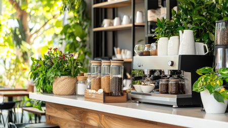 A beautifully designed coffee bar featuring modern appliances, lush green plants, and a bright interior that creates an inviting atmosphere for coffee lovers.の素材