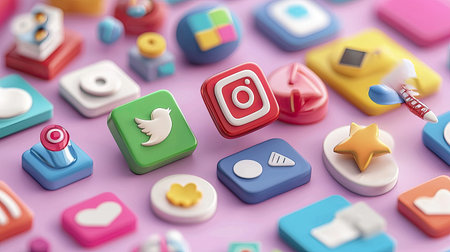 Vibrant 3D icons depicting various social media platforms and apps create a lively digital atmosphere, perfect for modern technology and communication themes.の素材