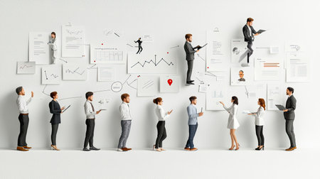 A diverse team of professionals actively engages in a business strategy session. They discuss ideas and analyze charts and diagrams on a wall, symbolizing collaboration and creativity.の素材