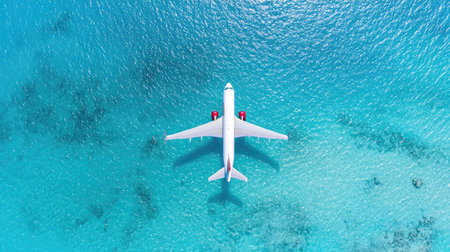 An impressive aerial view captures a commercial airplane soaring above a vibrant turquoise ocean. This stunning scene showcases the beauty of flight and travel.の素材